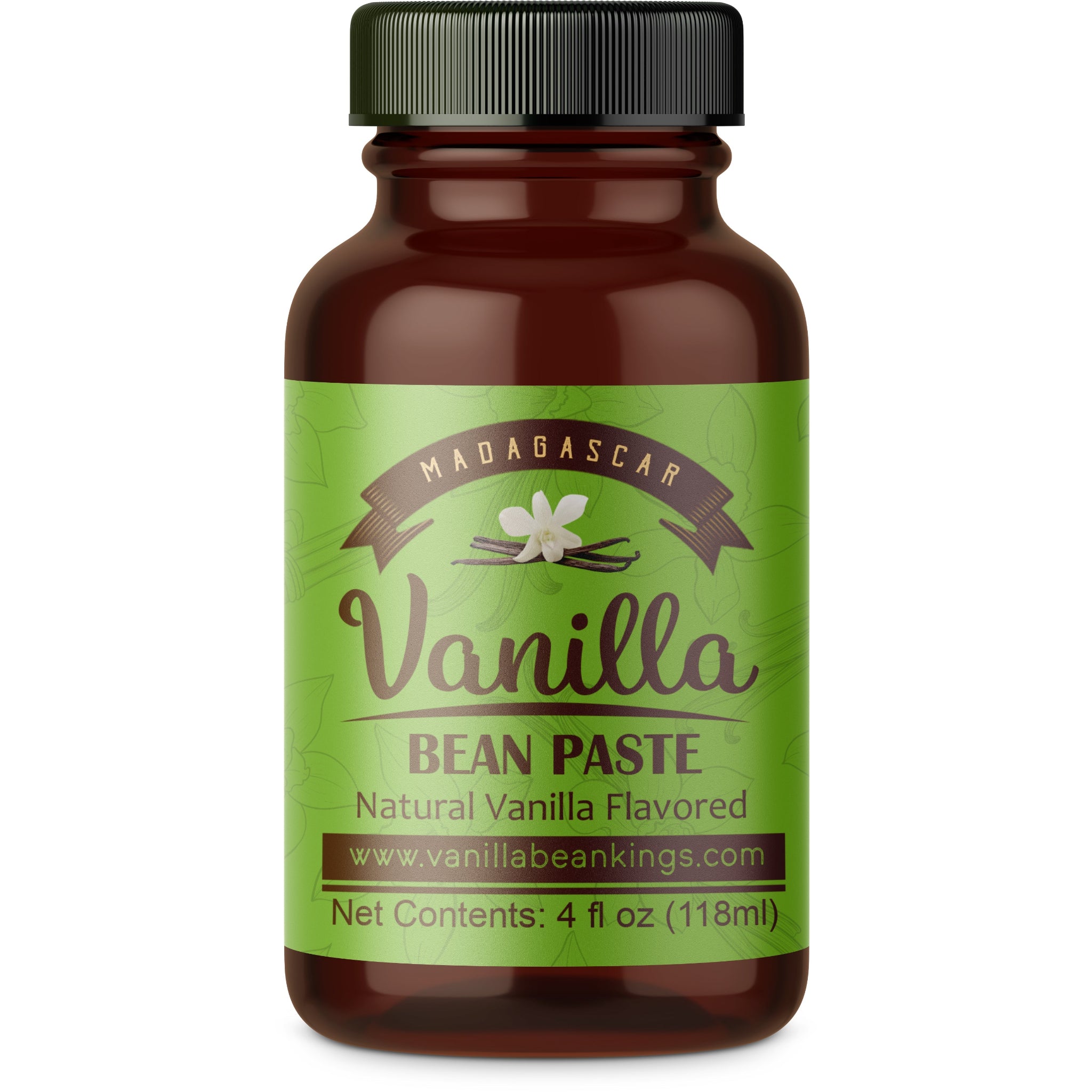 Bottle of Madagascar Vanilla Bean Paste with green label on a white background
