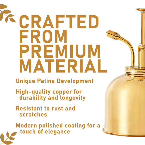 Gold-colored spray bottle with text about premium material and features on a white background