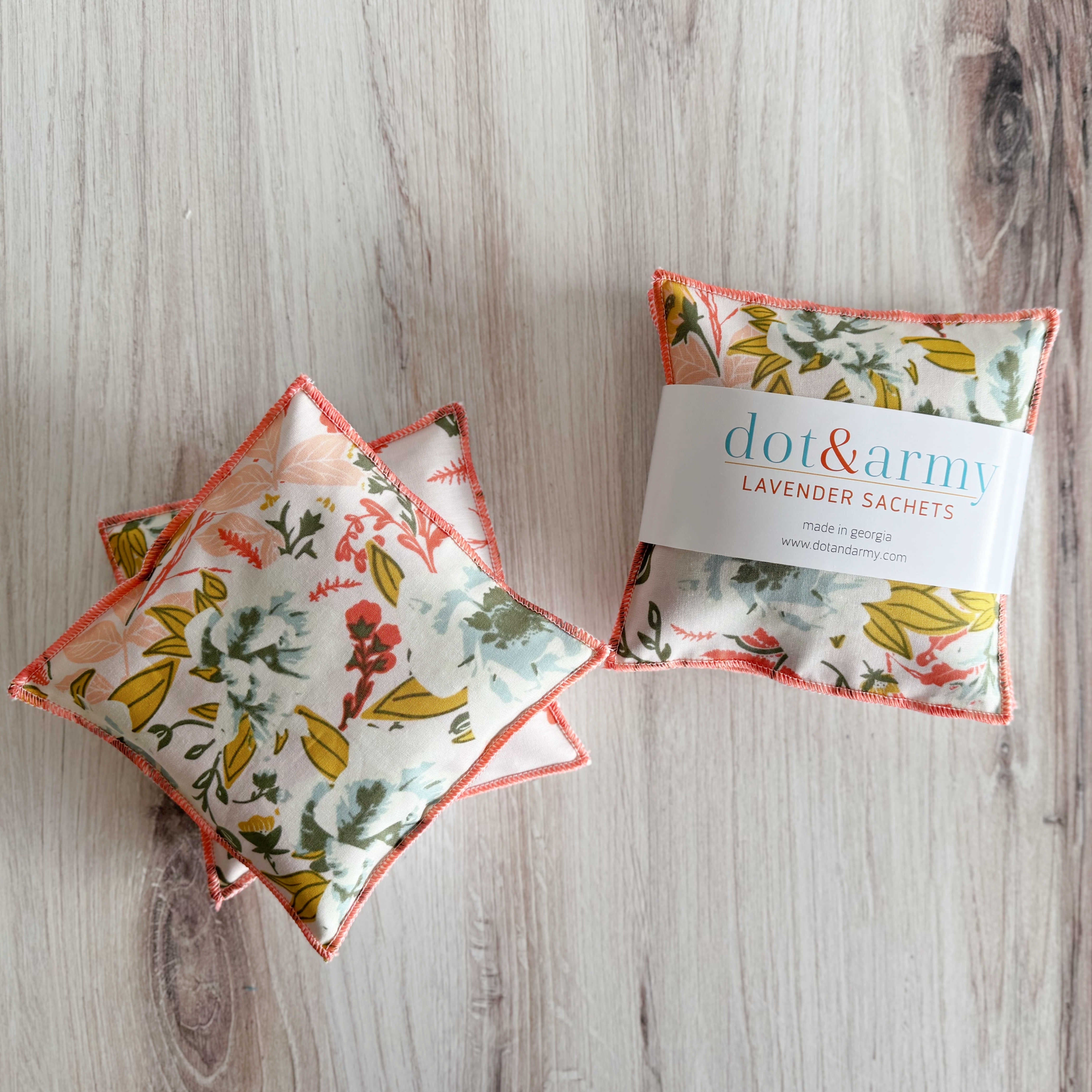 Coral, pink, and blue floral lavender sachets set of two by Dot and Army, made in Georgia