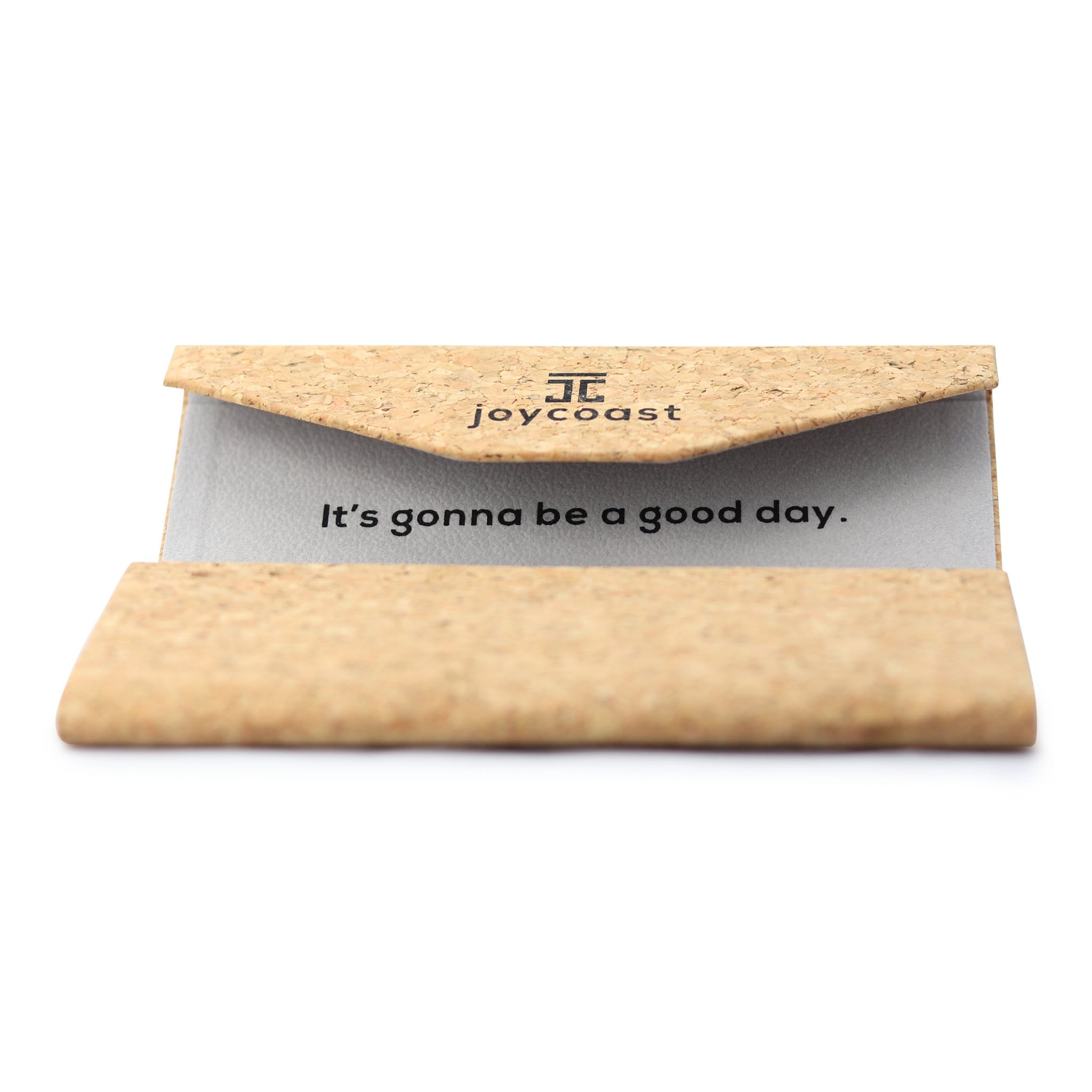 Cork case with motivational message 'It's gonna be a good day.' by joycoast on a white background