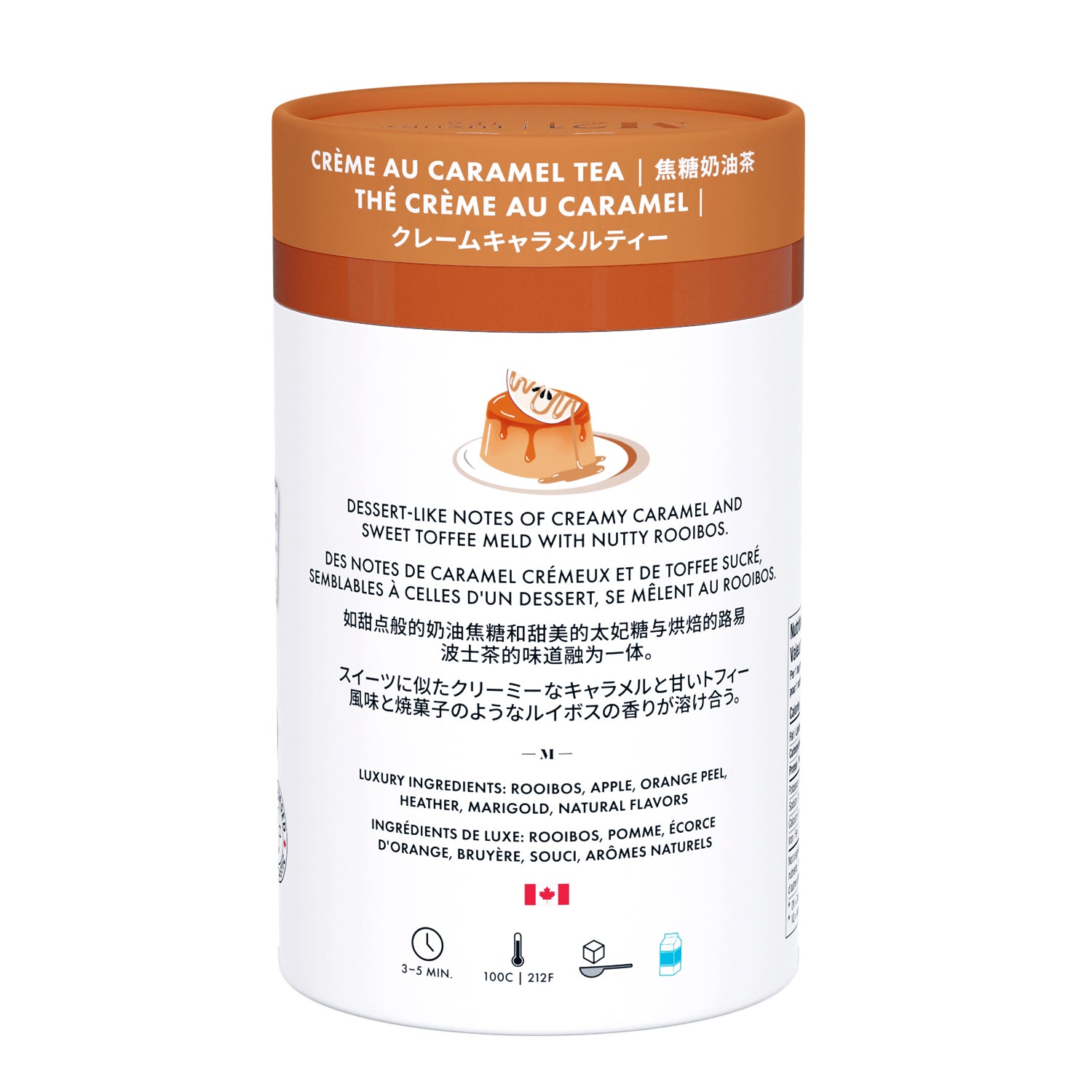 Container of Crème au Caramel tea with orange lid and white body on a white background