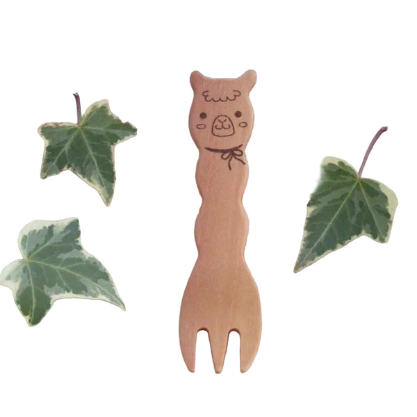 Cute alpaca-shaped natural maple wood snack fork by Purely Alpaca, matte finish, 27x102mm