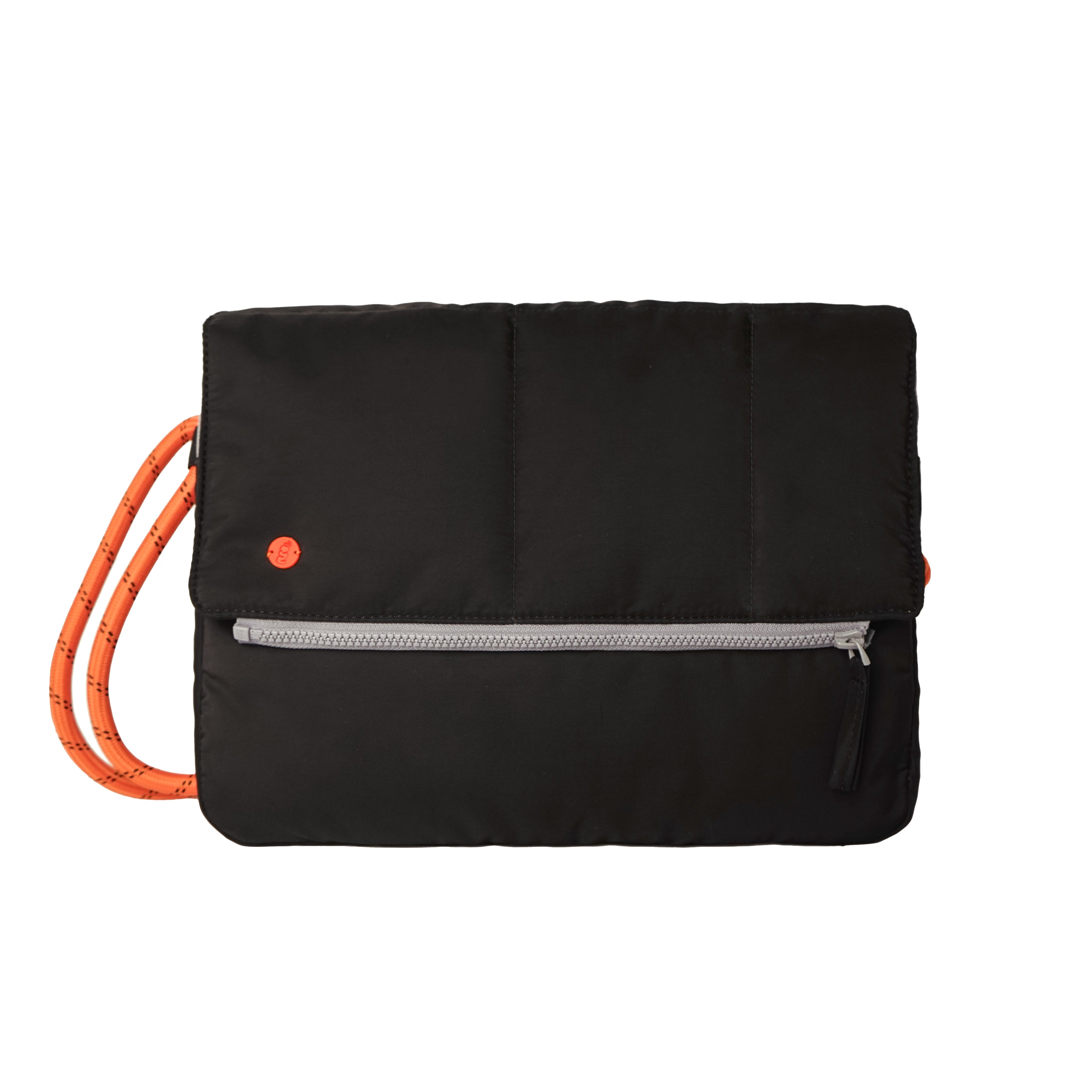 Black pouch with orange strap on a white background