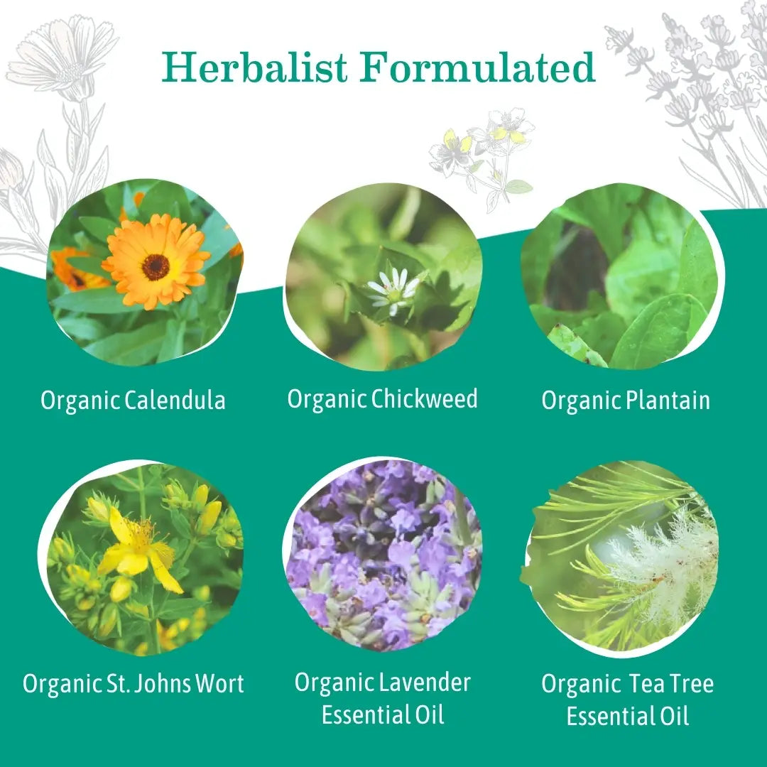 Herbalist formulated product with images of various herbs and plants on a green background.