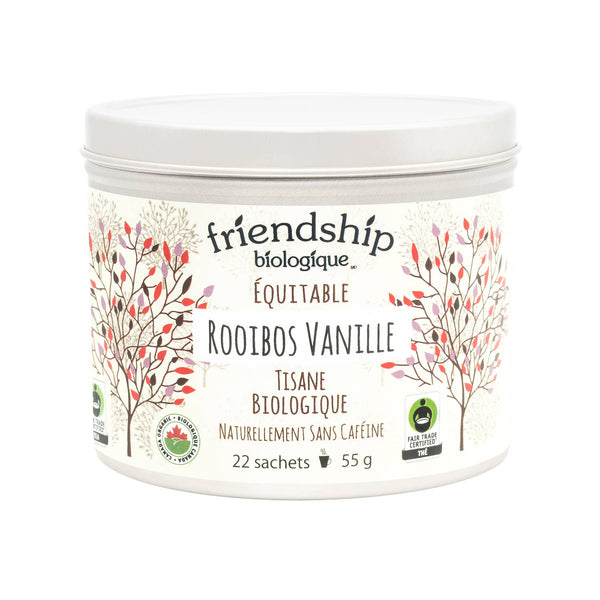 Jar of 'Rooibos Vanille' tea with decorative label on a white background