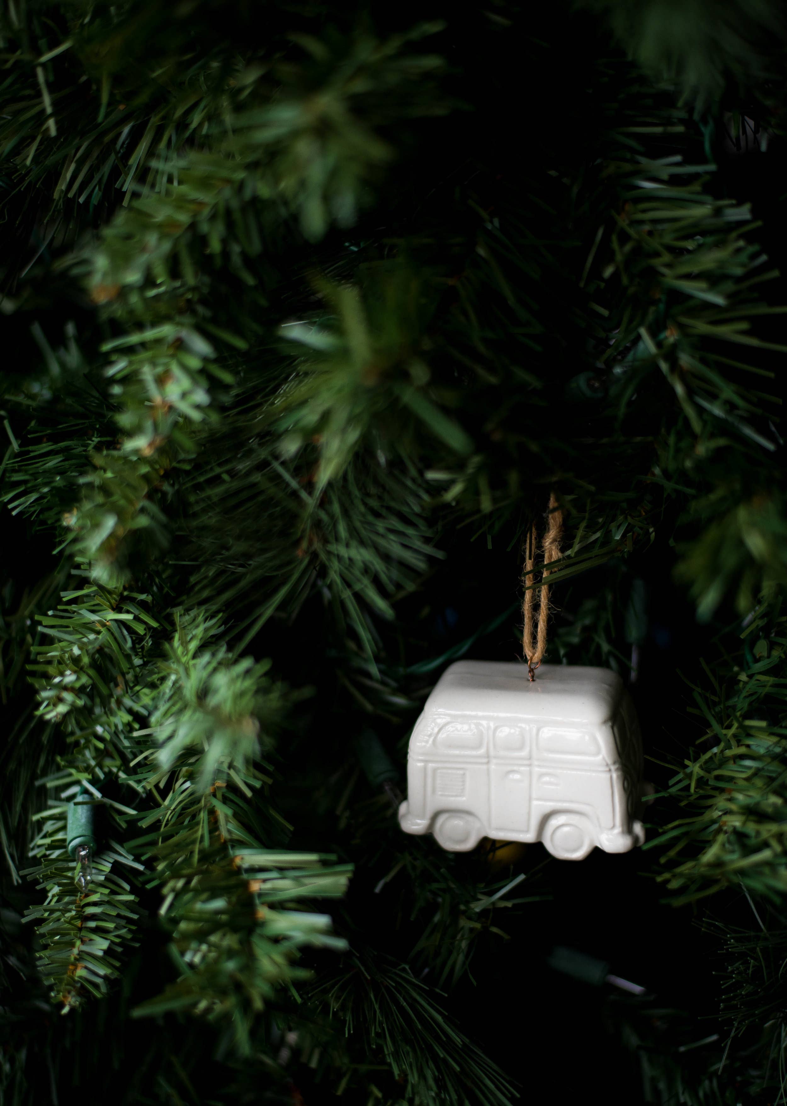 White van ornament hanging on a Christmas tree