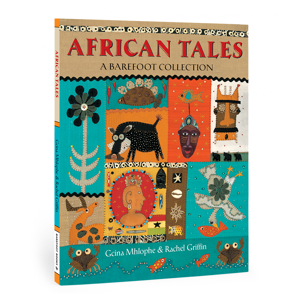 African Tales: A Barefoot Collection book cover featuring hand-sewn collage artwork decorated with African beads