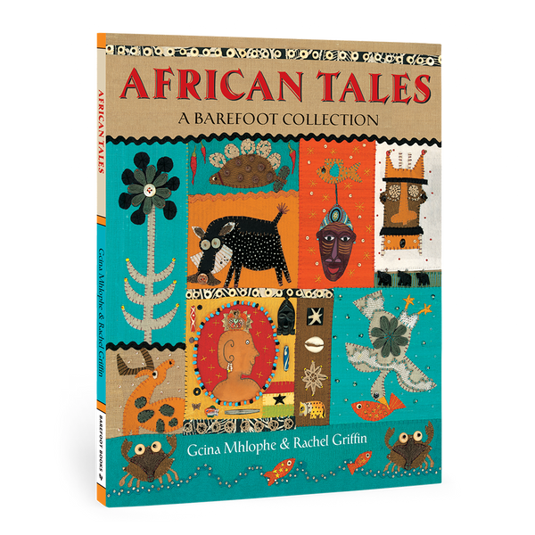 African Tales: A Barefoot Collection book cover featuring hand-sewn collage artwork decorated with African beads