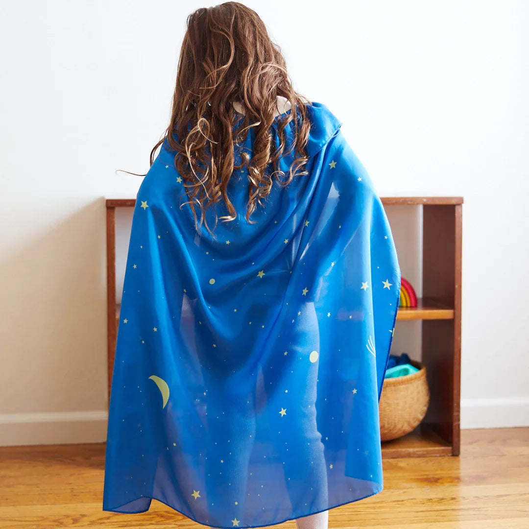 Close-up of the Star Cape's elastic neckband and shell button closure