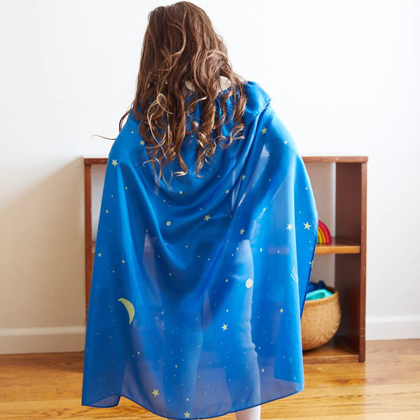 Close-up of the Star Cape's elastic neckband and shell button closure