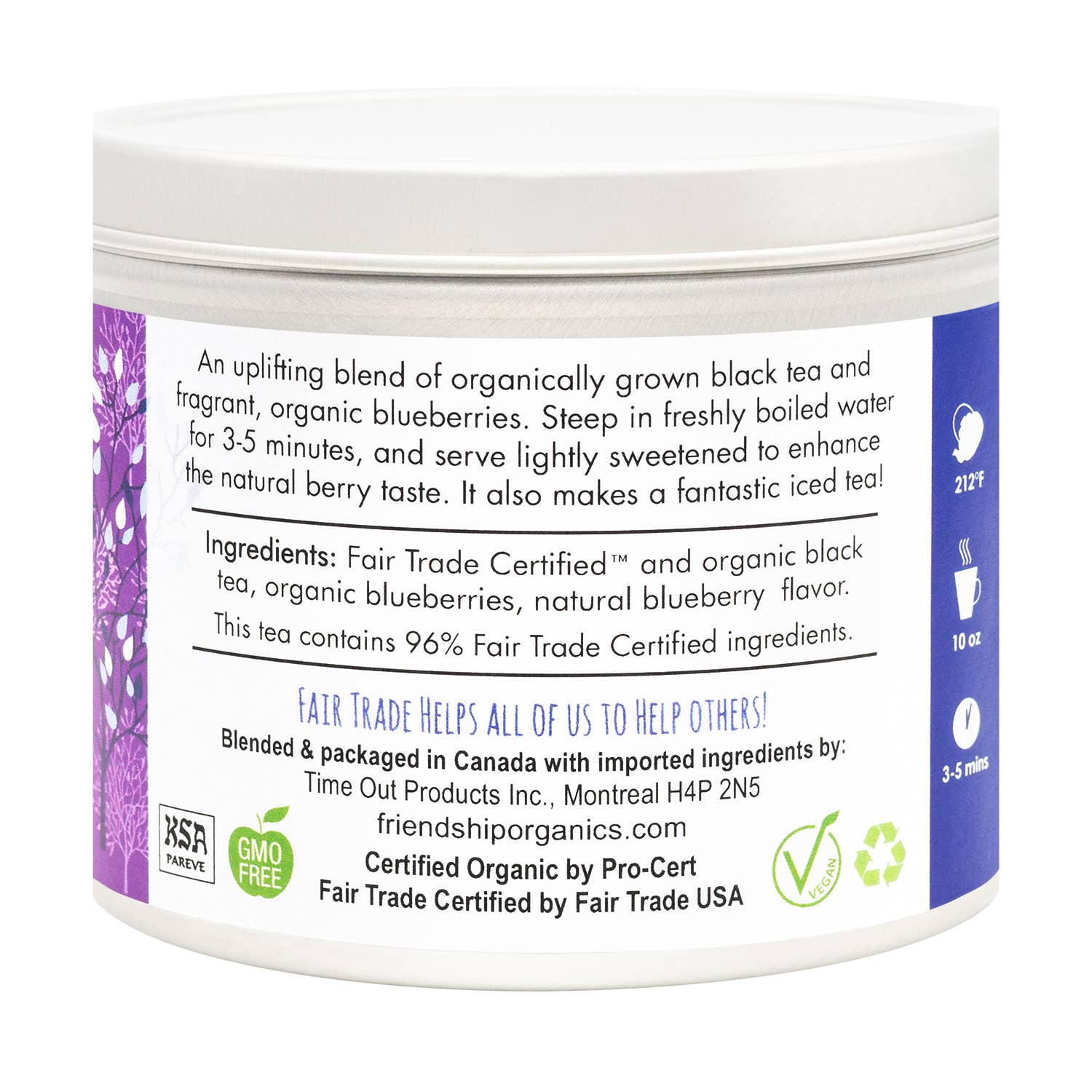 Friendship Organics organic blueberry tea tin open showing plastic-free cellophane inner bag
