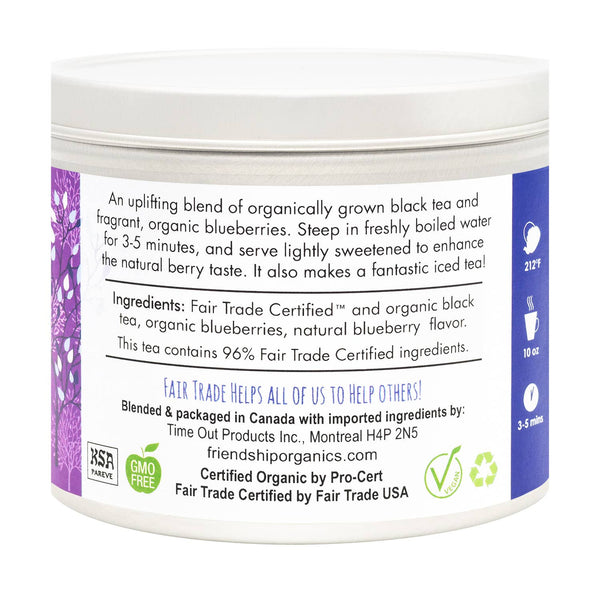 Friendship Organics organic blueberry tea tin open showing plastic-free cellophane inner bag
