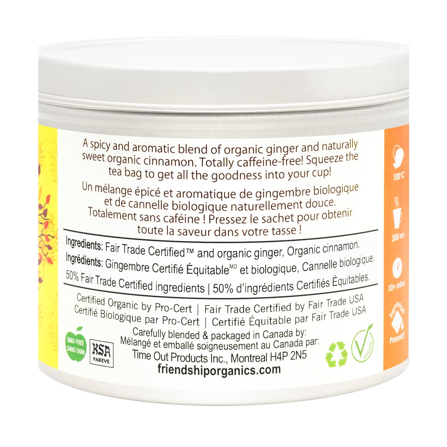 Container label with text and branding on a white background