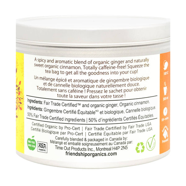 Container label with text and branding on a white background