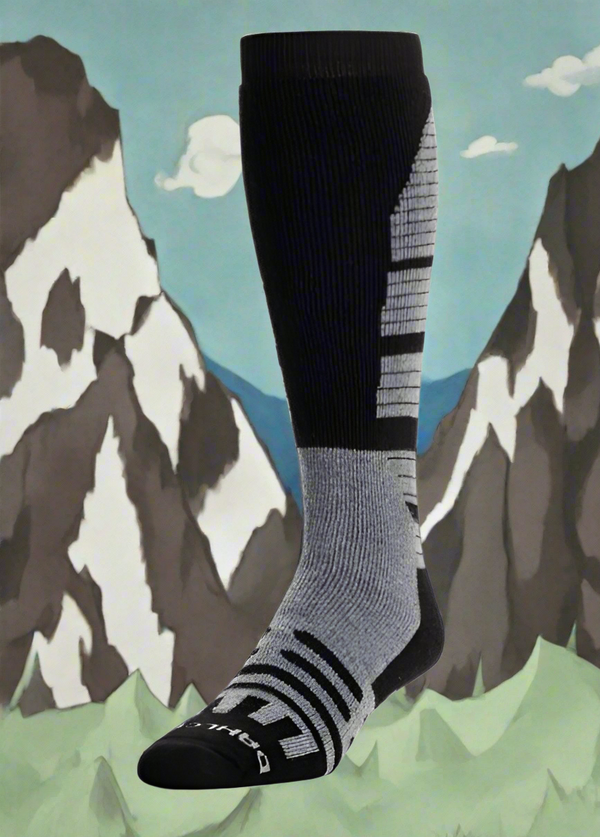 Black and gray knee-high sock with brand logo on a white background. Discover the Dahlgren Summit Over-Calf Alpaca Sock. This rugged, moisture-wicking sock features a blend of merino wool and alpaca, with patented Dri-Stride® technology for dry, comfortable, blister-free feet. Made in the USA.