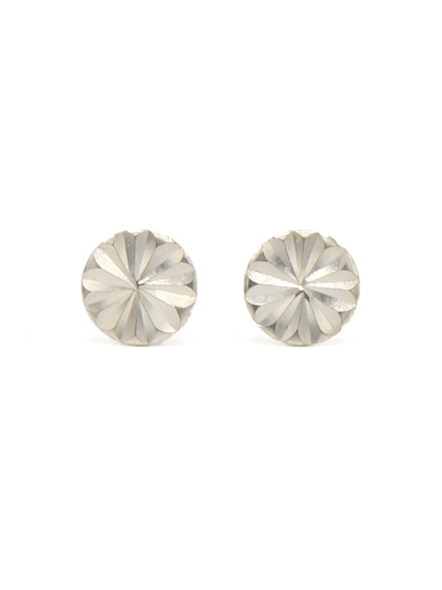 Fair Anita silver rosette stud earrings on white background — dainty, nickel-free, made from recycled metal