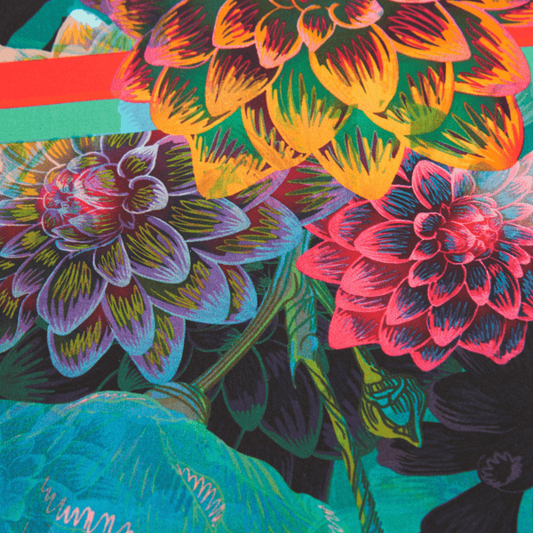 Colorful floral pattern with vibrant colors on a fabric background