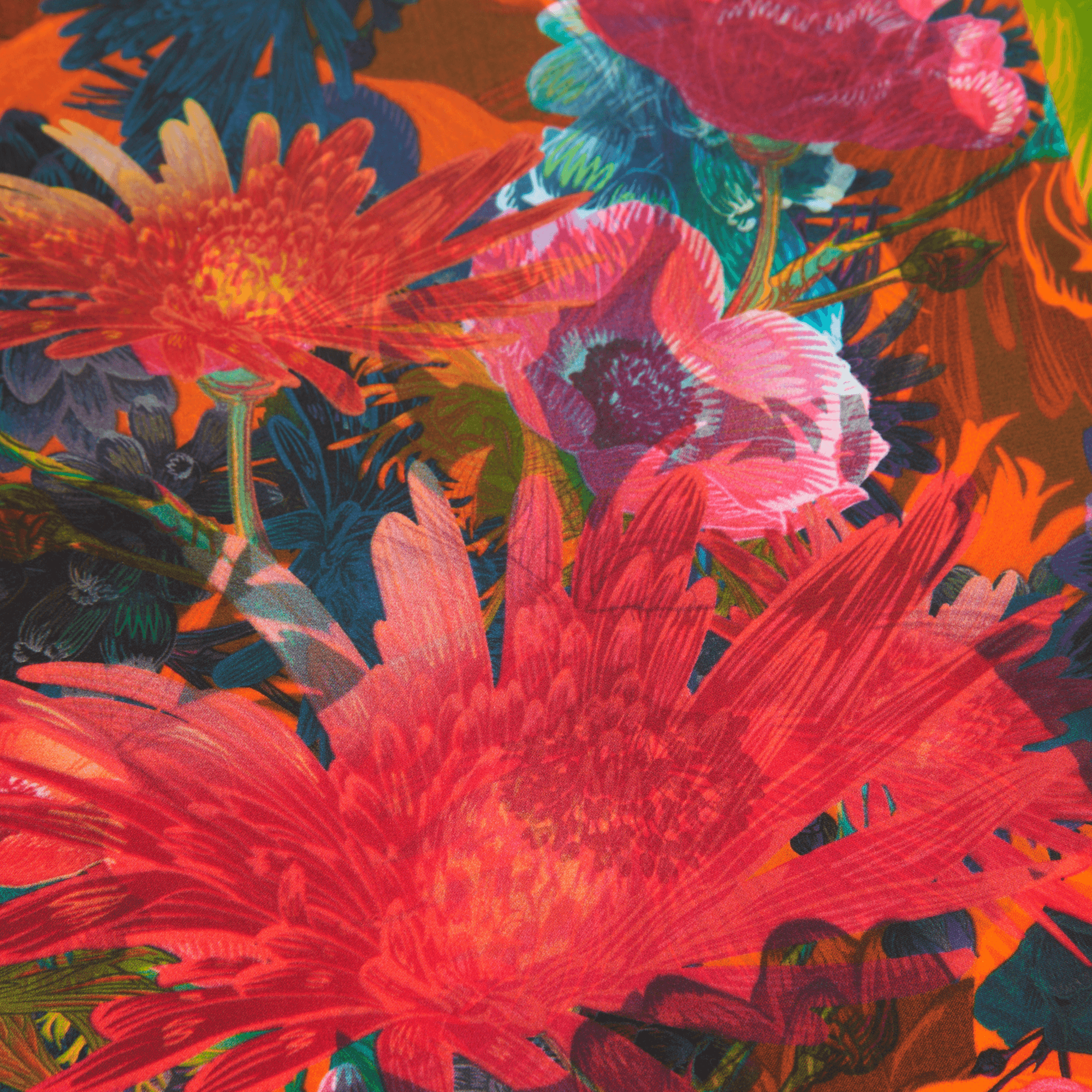 Colorful floral pattern with large red flowers and green leaves