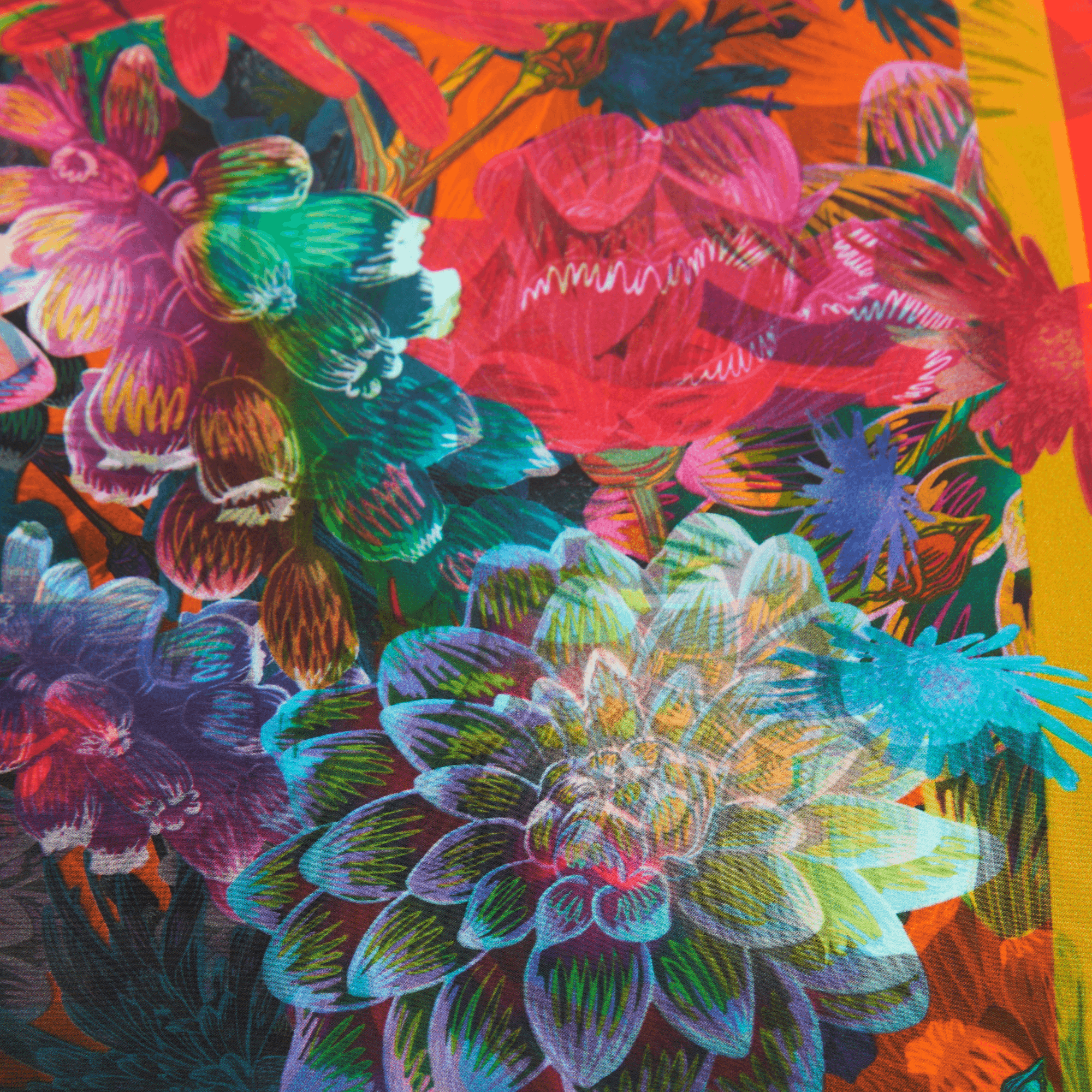 Colorful floral pattern with vibrant colors on a fabric background