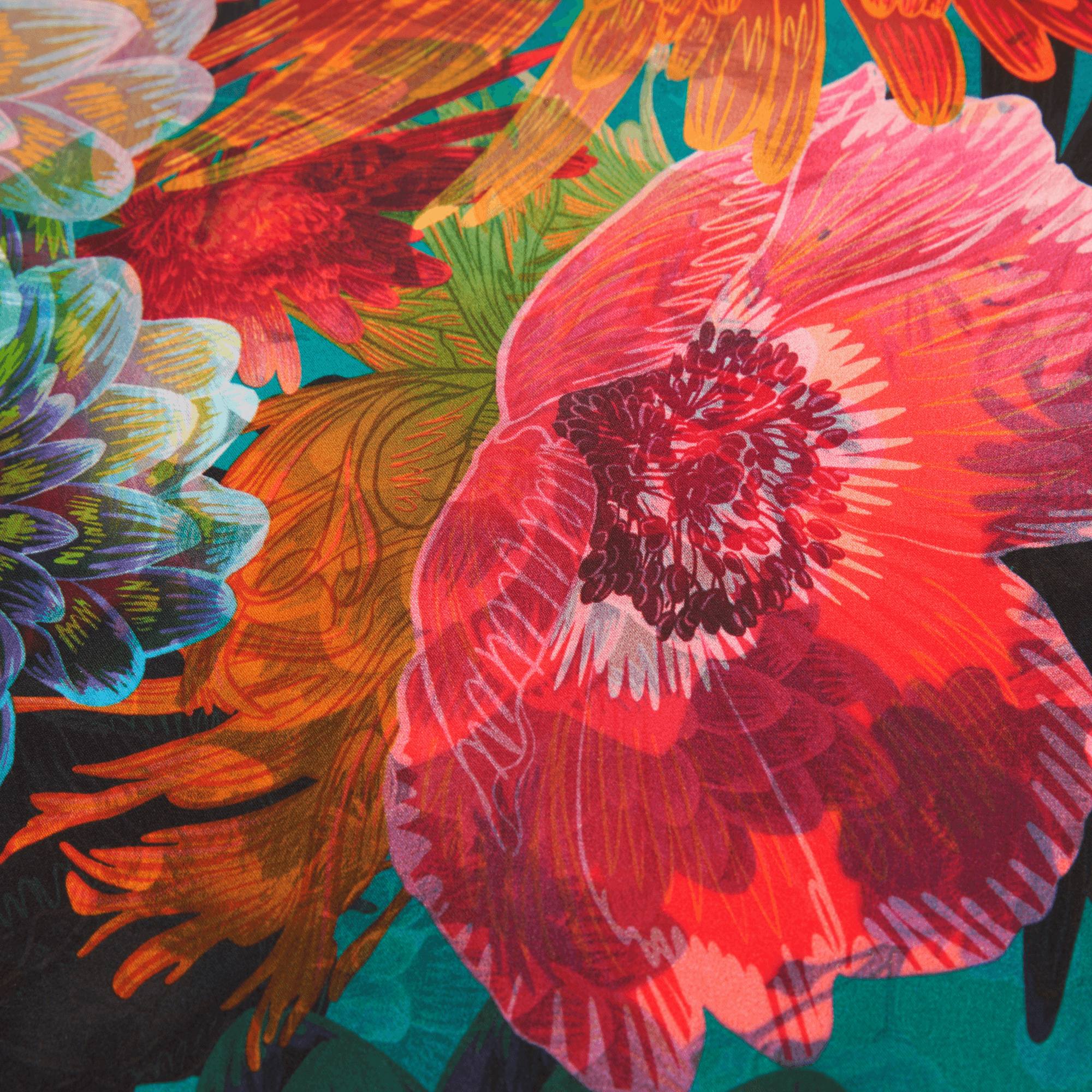 Colorful floral pattern with a prominent red flower on a dark background