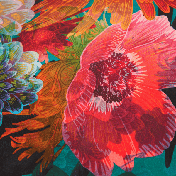 Colorful floral pattern with a prominent red flower on a dark background