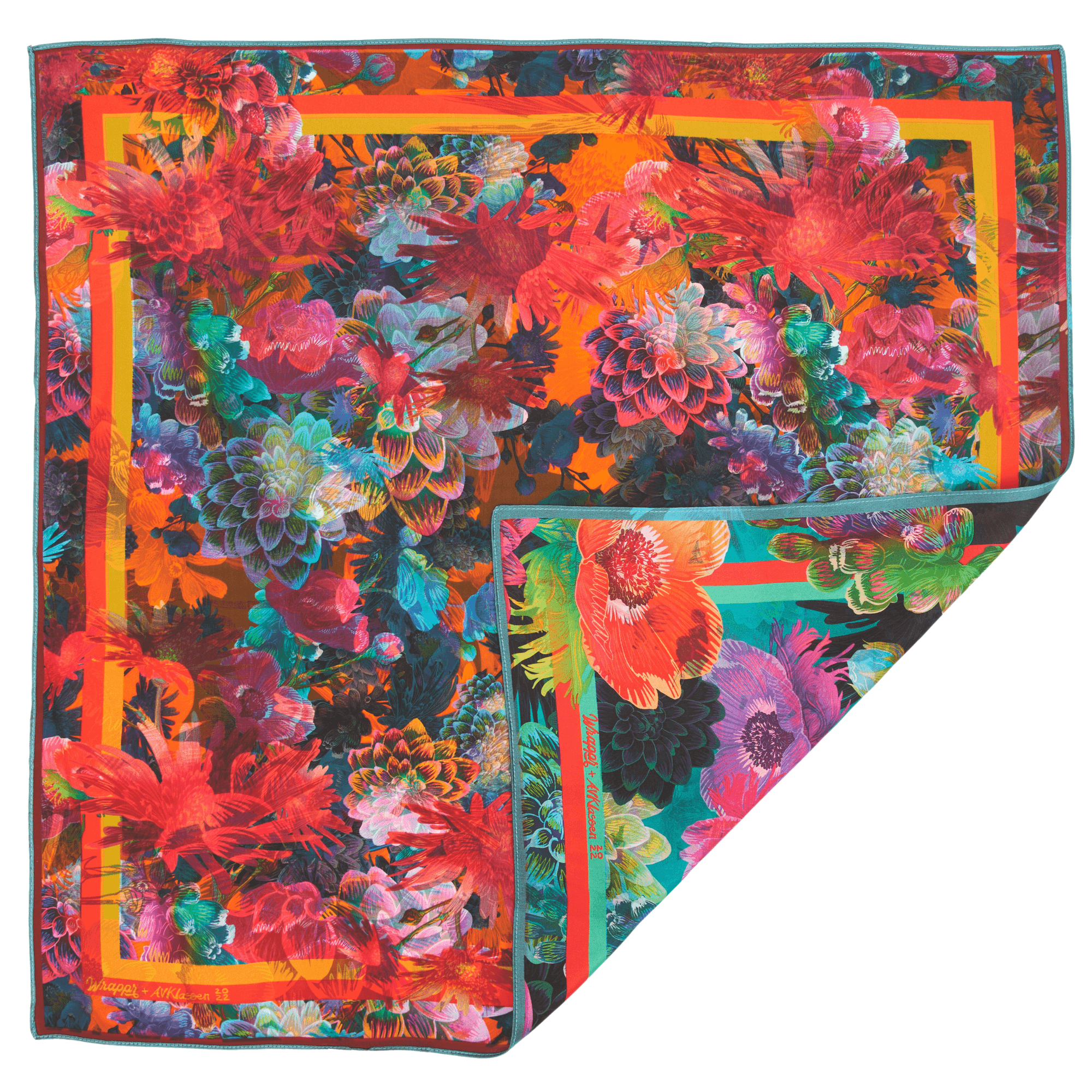 Reverse side of the Daisy furoshiki silk wrap displaying complementary floral colours by Adam Klassen