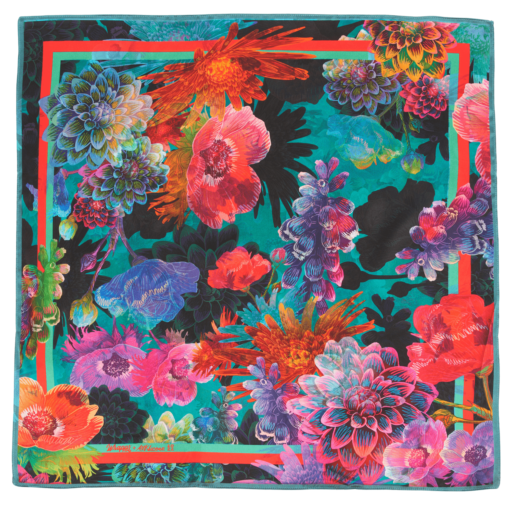 Flat lay of the Daisy 28 inch mulberry silk furoshiki gift wrap showing full double-sided floral design