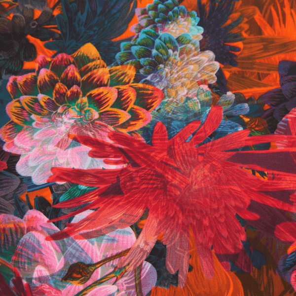 Colorful floral pattern with red, pink, and green flowers on a dark background