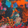 Colorful floral pattern with vibrant oranges, blues, and greens on a dark background