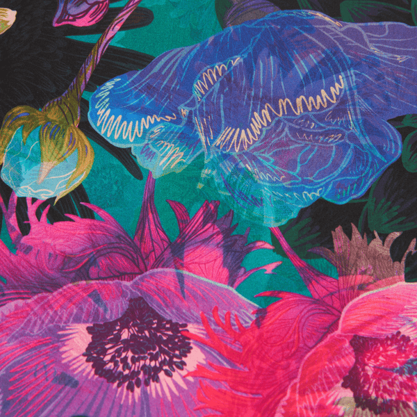 Colorful floral pattern with vibrant colors on a dark background