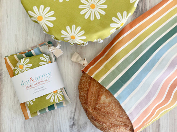 Daisy and stripe bread maker set with linen blend bowl cover and cotton canvas bread bag by Dot and Army