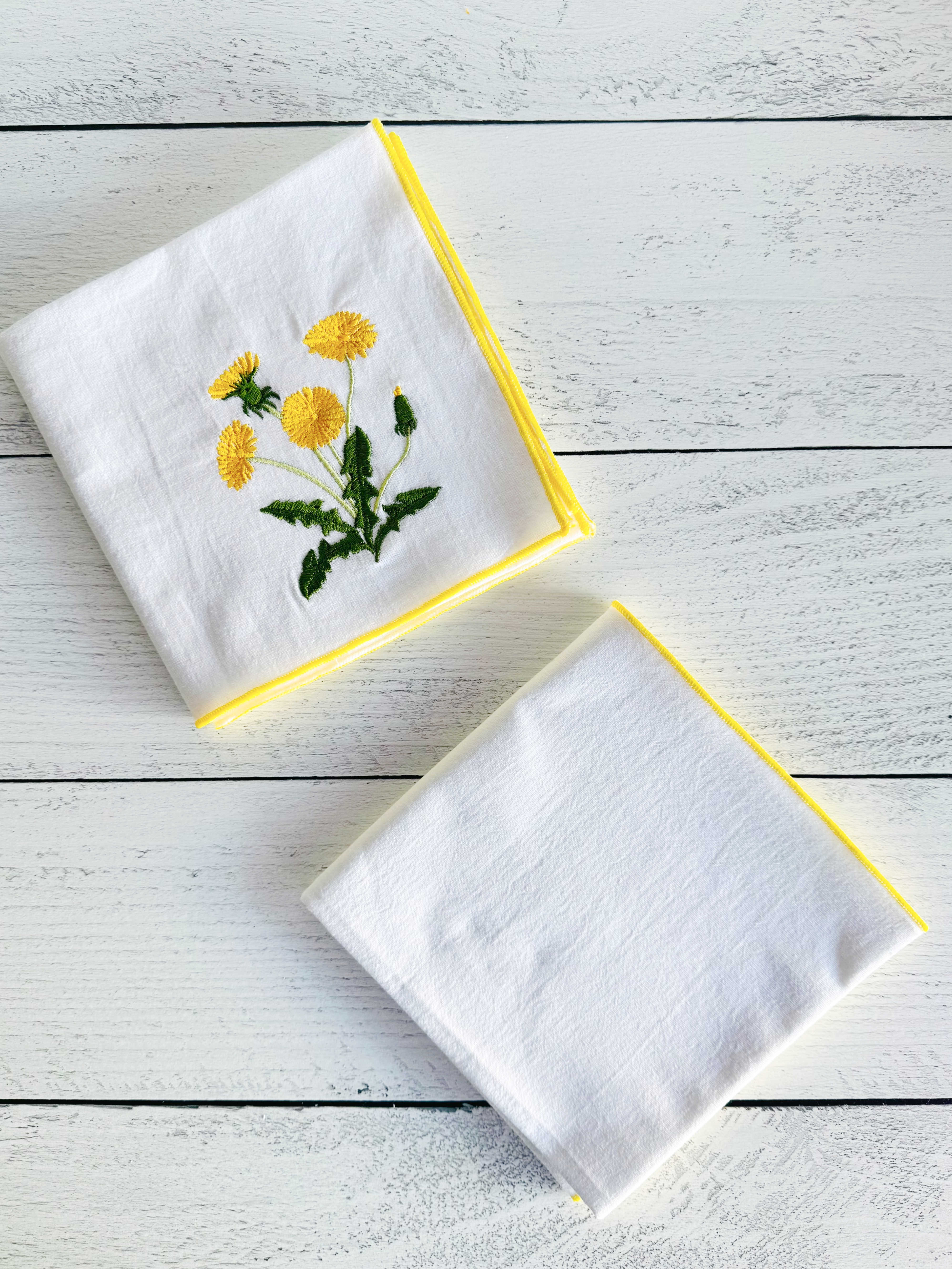 Dandelion flour sack towel set of two — embroidered and yellow-edged cotton kitchen towels