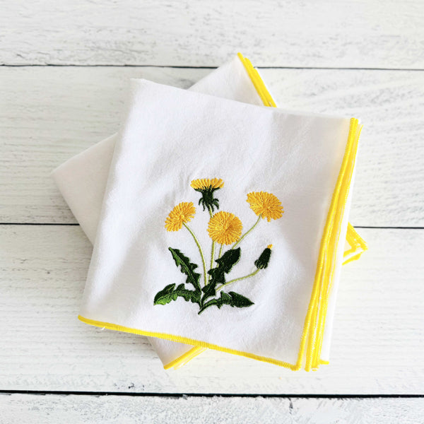 Dandelion embroidered flour sack towel in 100% cotton, 24x24 inches, by Dot and Army