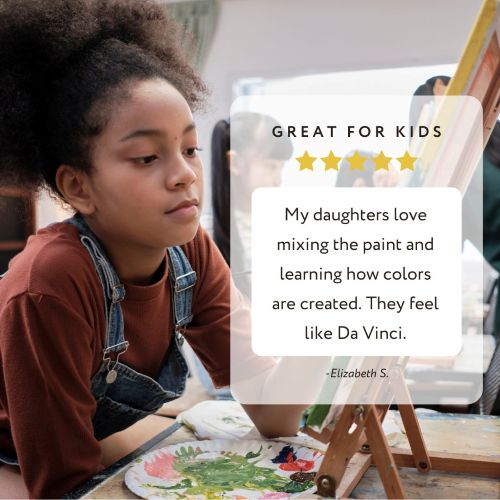 Child painting with a quote about it being great for kids and loved by Elizabeth S.