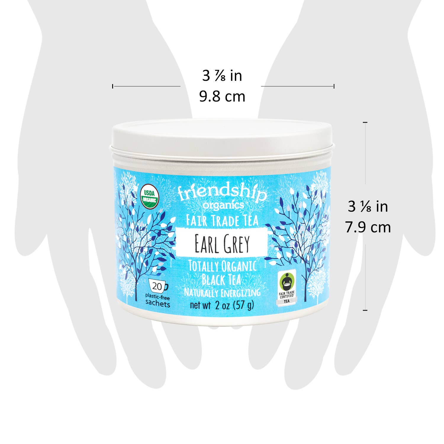 Organic Earl Grey black tea tin open showing individual plastic-free tea sachets inside
