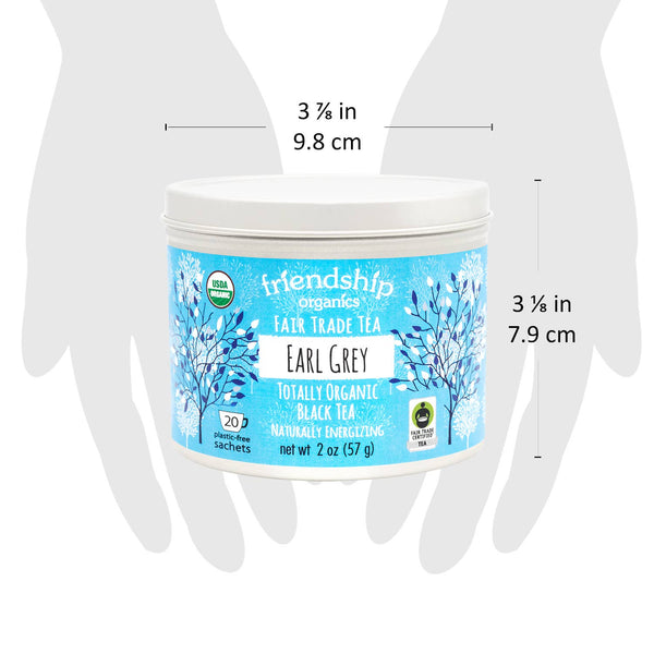 Organic Earl Grey black tea tin open showing individual plastic-free tea sachets inside