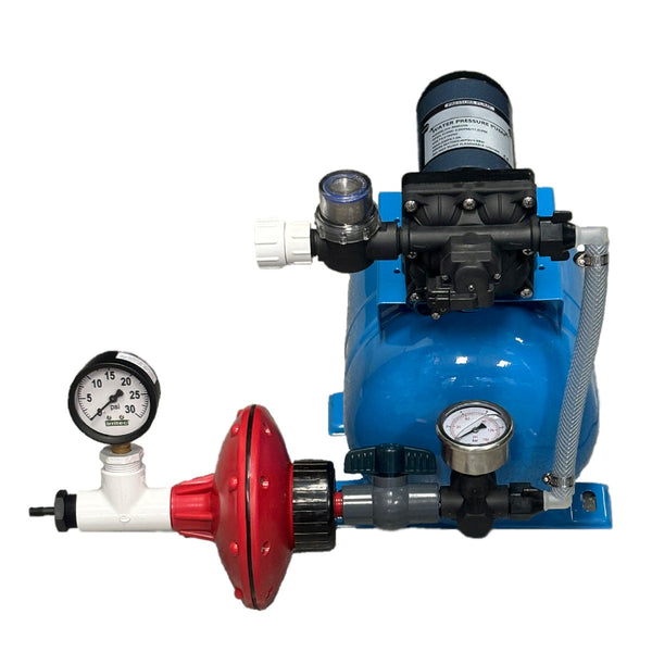 Mini pump kit for pressurising Blumat drip irrigation systems, including pump, pressure gauges, filter and fittings