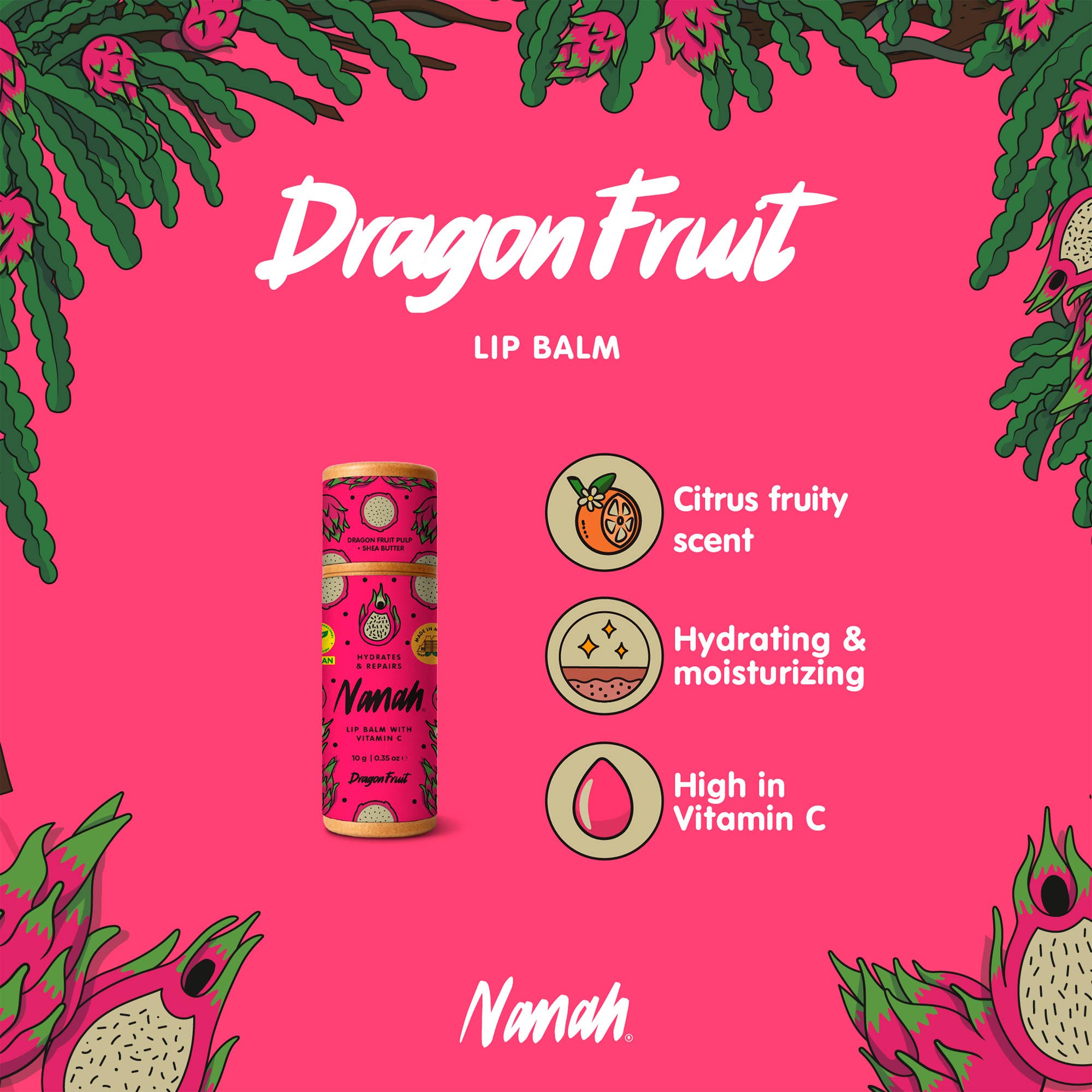 Dragon fruit lip balm with product details on a pink background. Nourishing pitahaya & vitamin E lip balm with shea butter & coconut oil — repairs dry, chapped lips naturally. Plastic-free, handmade & chemical-free. Shop now.