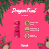 Dragon fruit lip balm with product details on a pink background. Nourishing pitahaya & vitamin E lip balm with shea butter & coconut oil — repairs dry, chapped lips naturally. Plastic-free, handmade & chemical-free. Shop now.