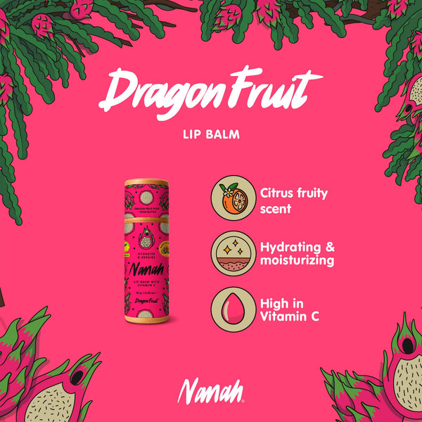 Dragon fruit lip balm with product details on a pink background. Nourishing pitahaya & vitamin E lip balm with shea butter & coconut oil — repairs dry, chapped lips naturally. Plastic-free, handmade & chemical-free. Shop now.