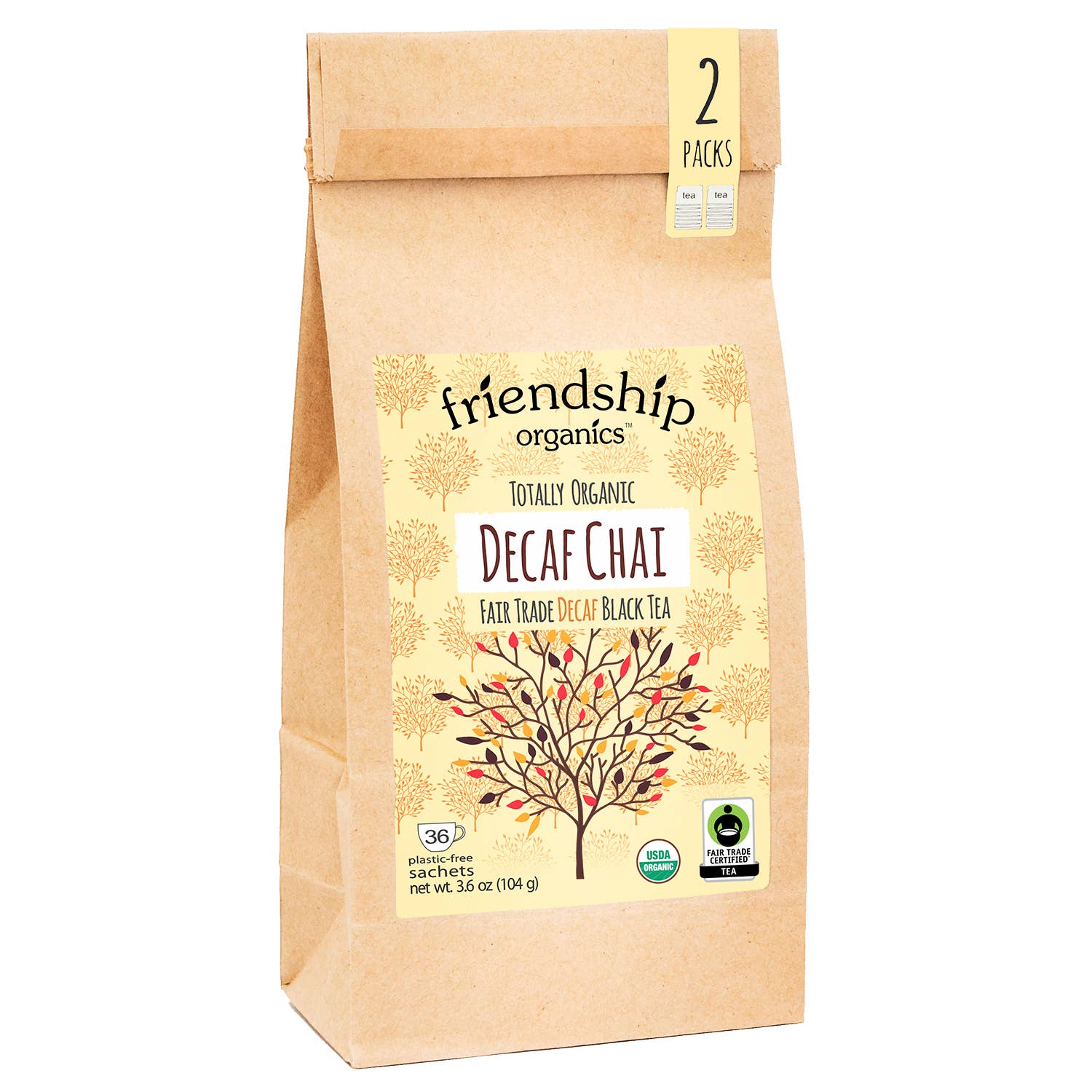 Bag of friendship organics Decaf Chai tea with a tree design on a white background