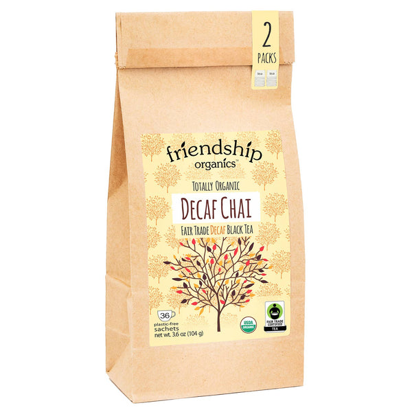 Bag of friendship organics Decaf Chai tea with a tree design on a white background