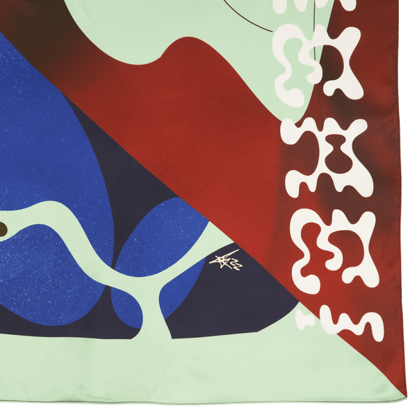 Flat lay of Deeper silk furoshiki wrap showing full 130cm square design with botanical spring artwork by Essery Waller