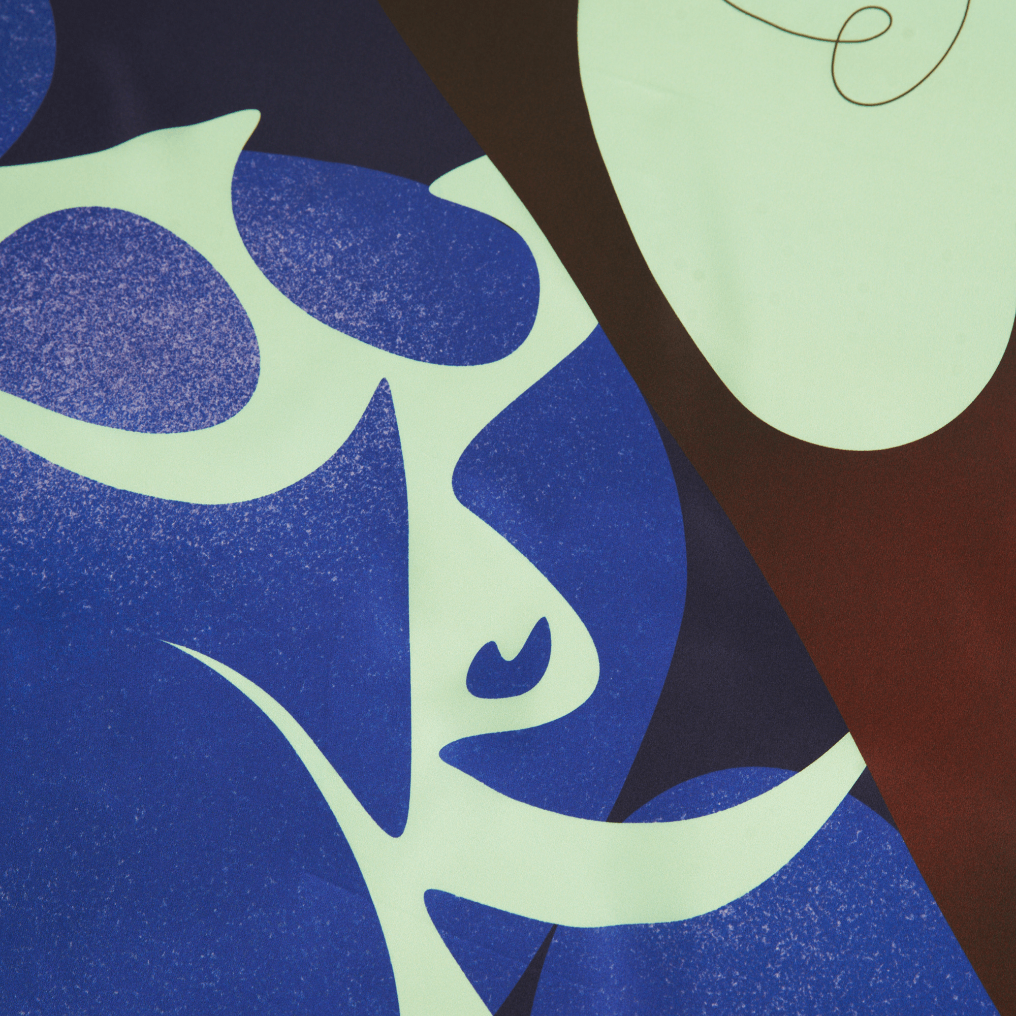 Close-up detail of Essery Waller's original artwork on the Deeper mulberry silk furoshiki wrap from the Le Gasp Collection