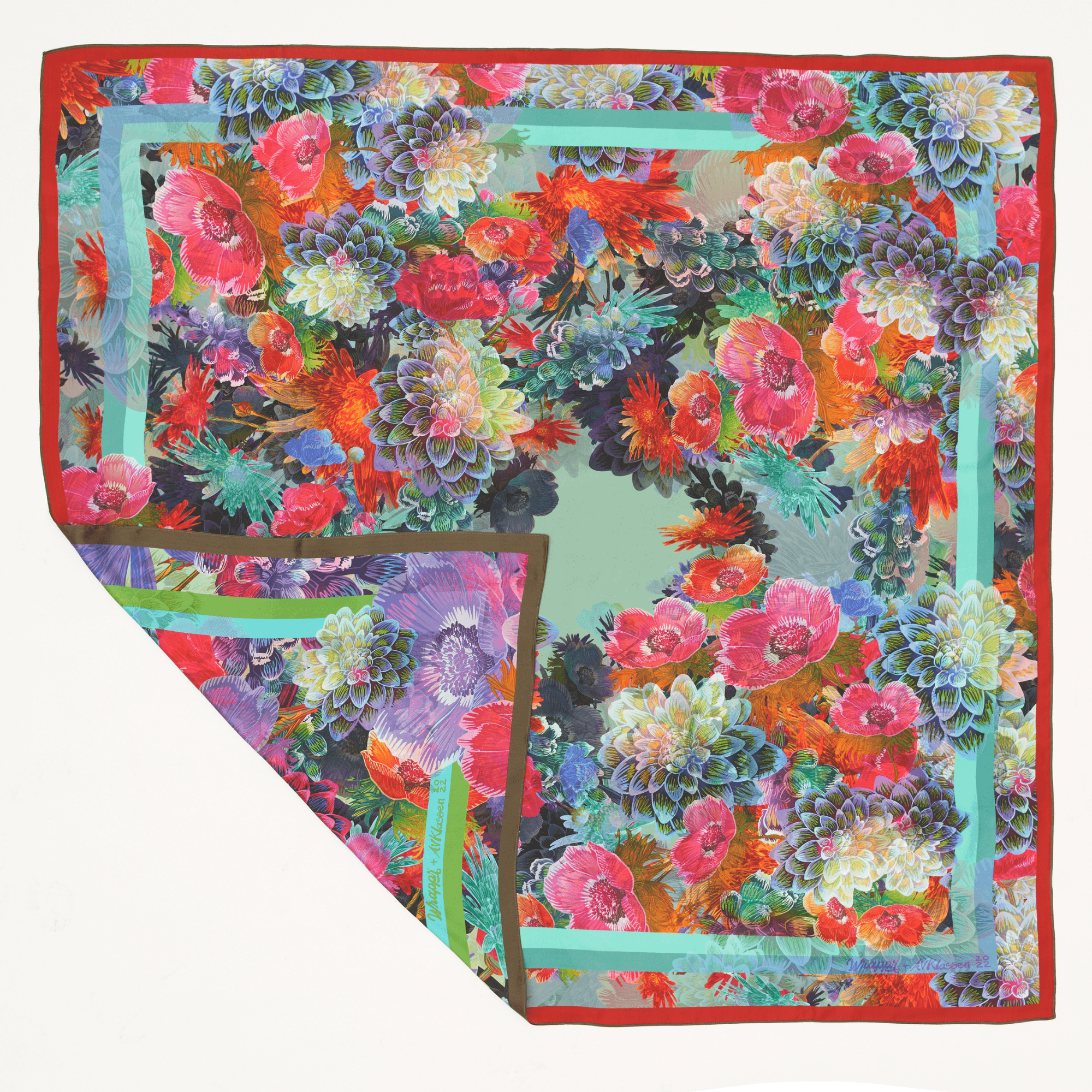 Delilah extra-large double-sided mulberry silk furoshiki gift wrap by Adam Klassen, floral summer artwork, 130cm square