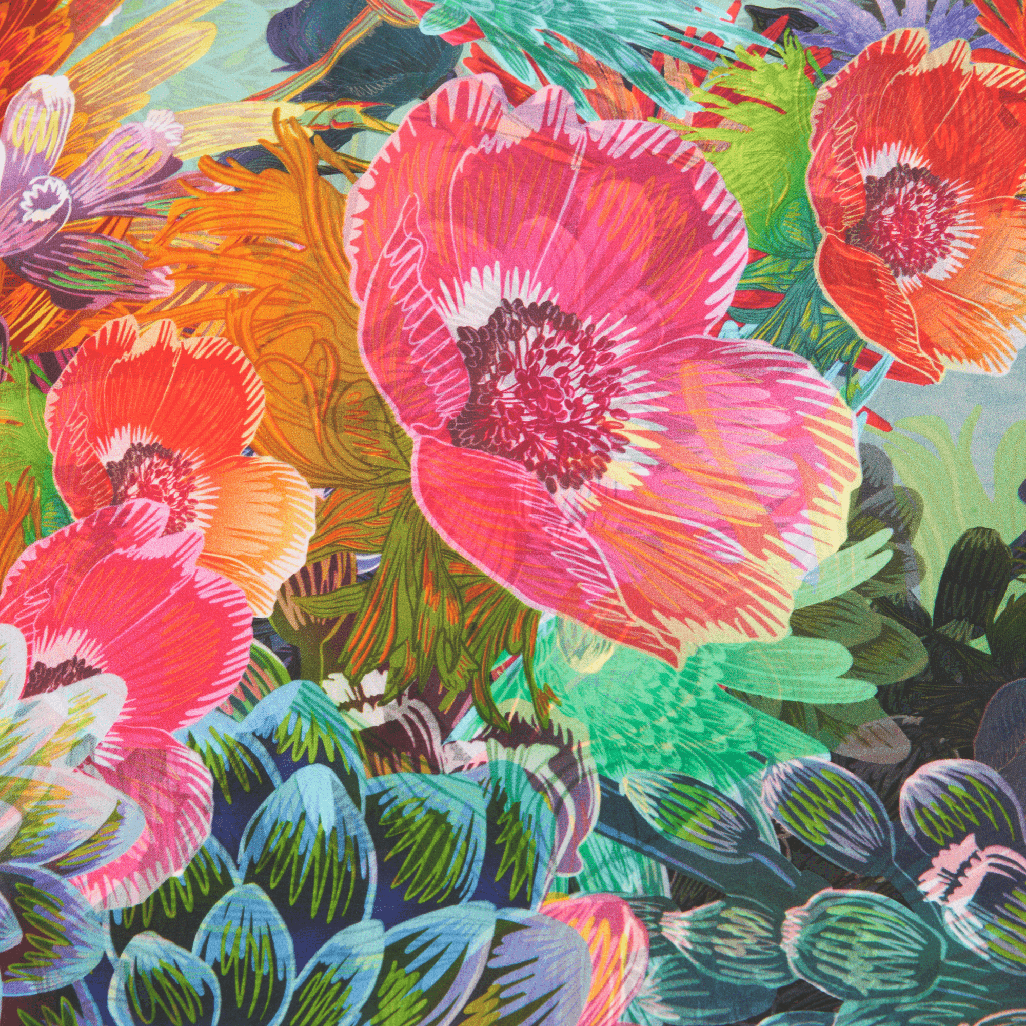 Colorful floral pattern with pink, orange, and green flowers.