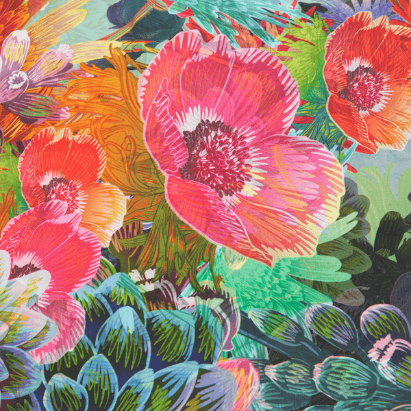 Colorful floral pattern with pink, orange, and green flowers.