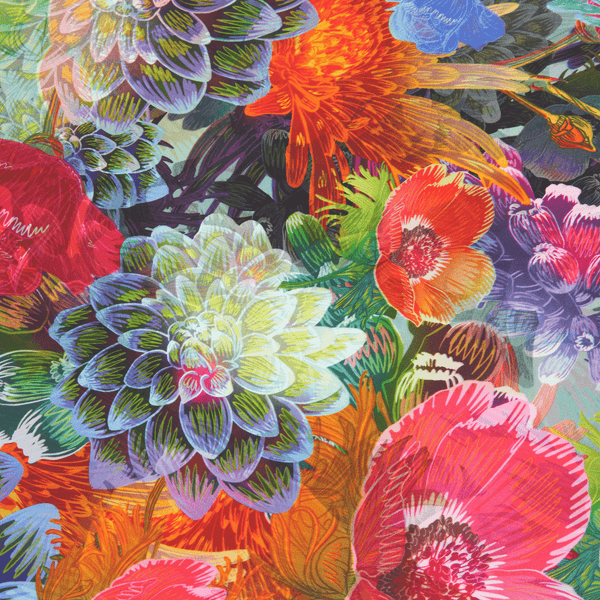 Colorful floral pattern with various flowers and leaves.
