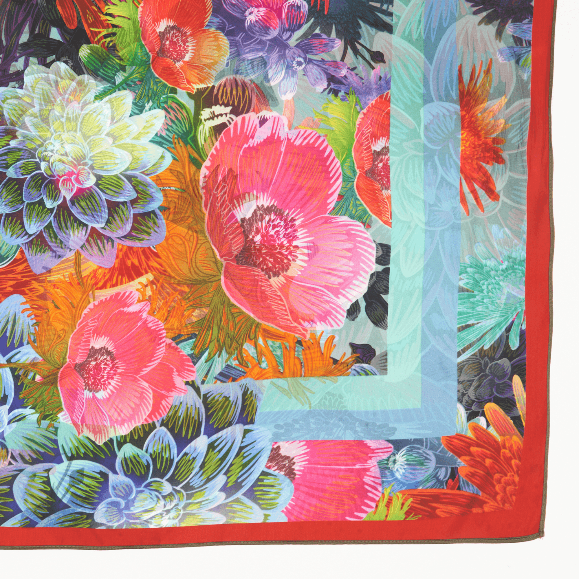 Colorful floral patterned fabric with vibrant flowers and leaves.