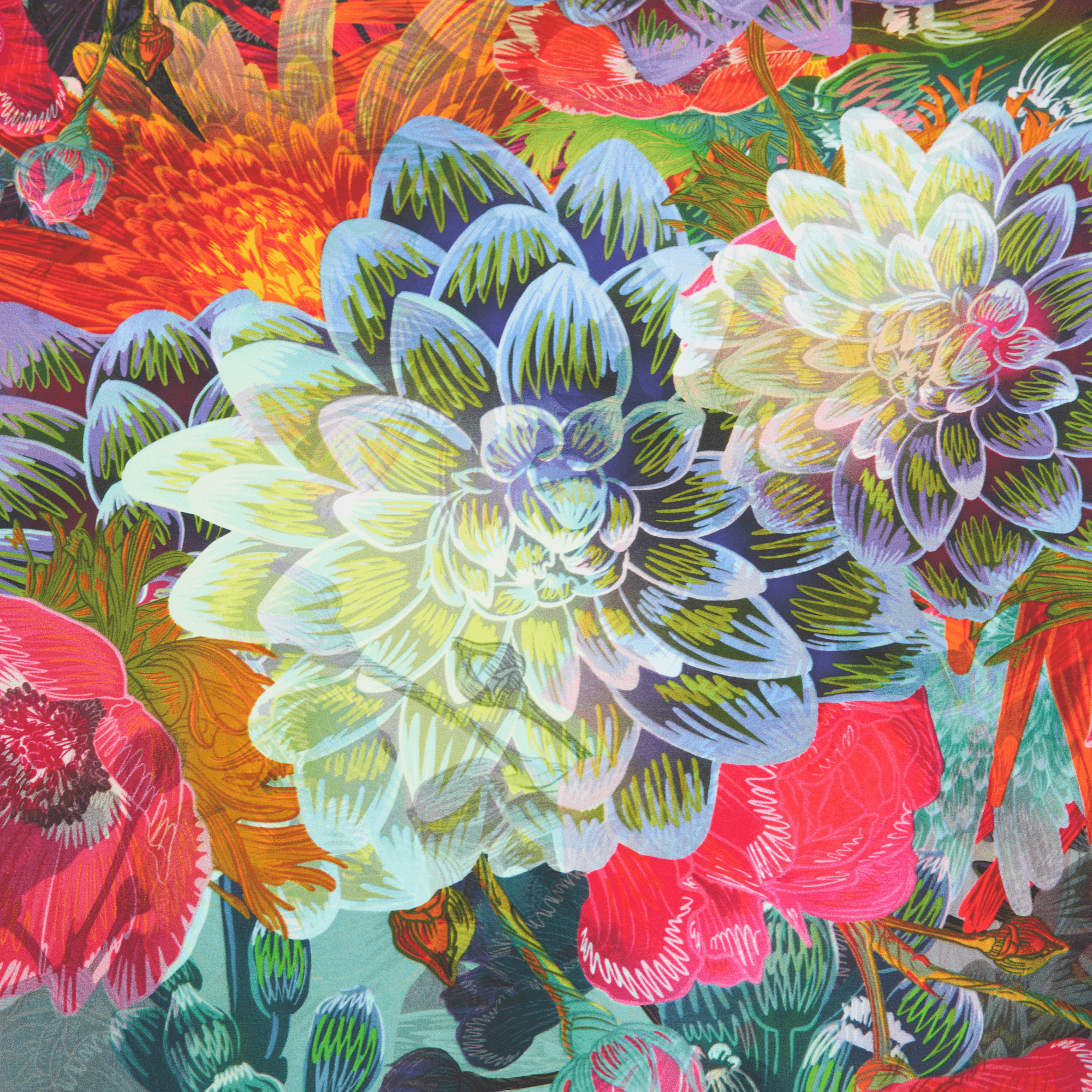Colorful floral pattern with succulents on a multicolored background